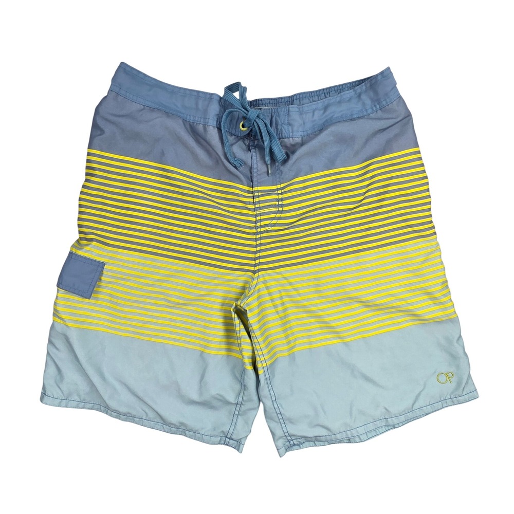 OP Ocean Pacific Mens XL Blue Yellow Striped Board Shorts Swim Trunks OM43202Y